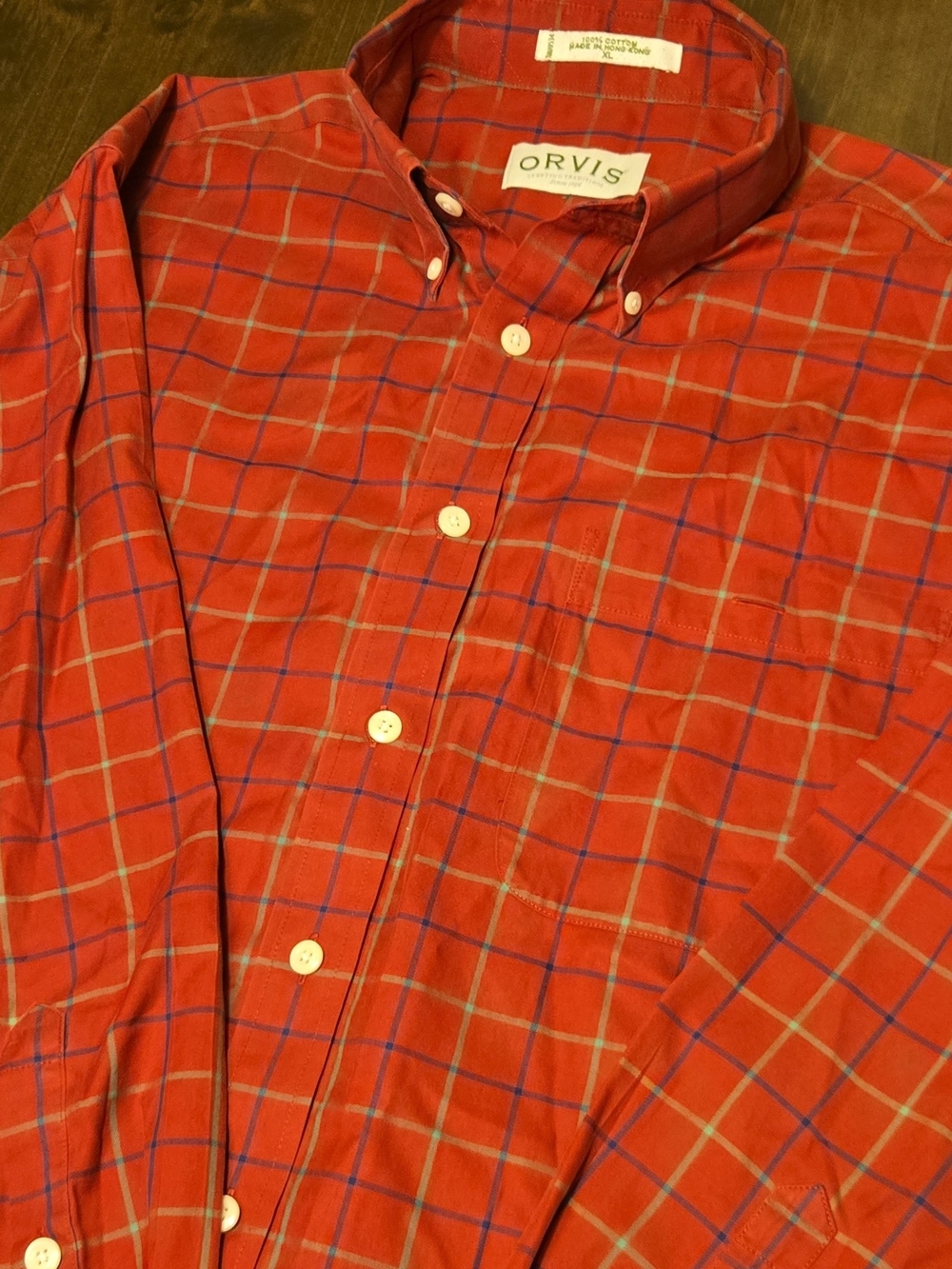 Orvis Red Plaid Button-Down Shirt with Blue and Gray Windowpane